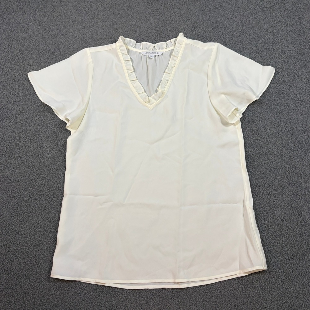 41 Hawthorn Blouse Womens Small Ivory WGW10914 Ruffle V-Neck Flutter Sleeve Top